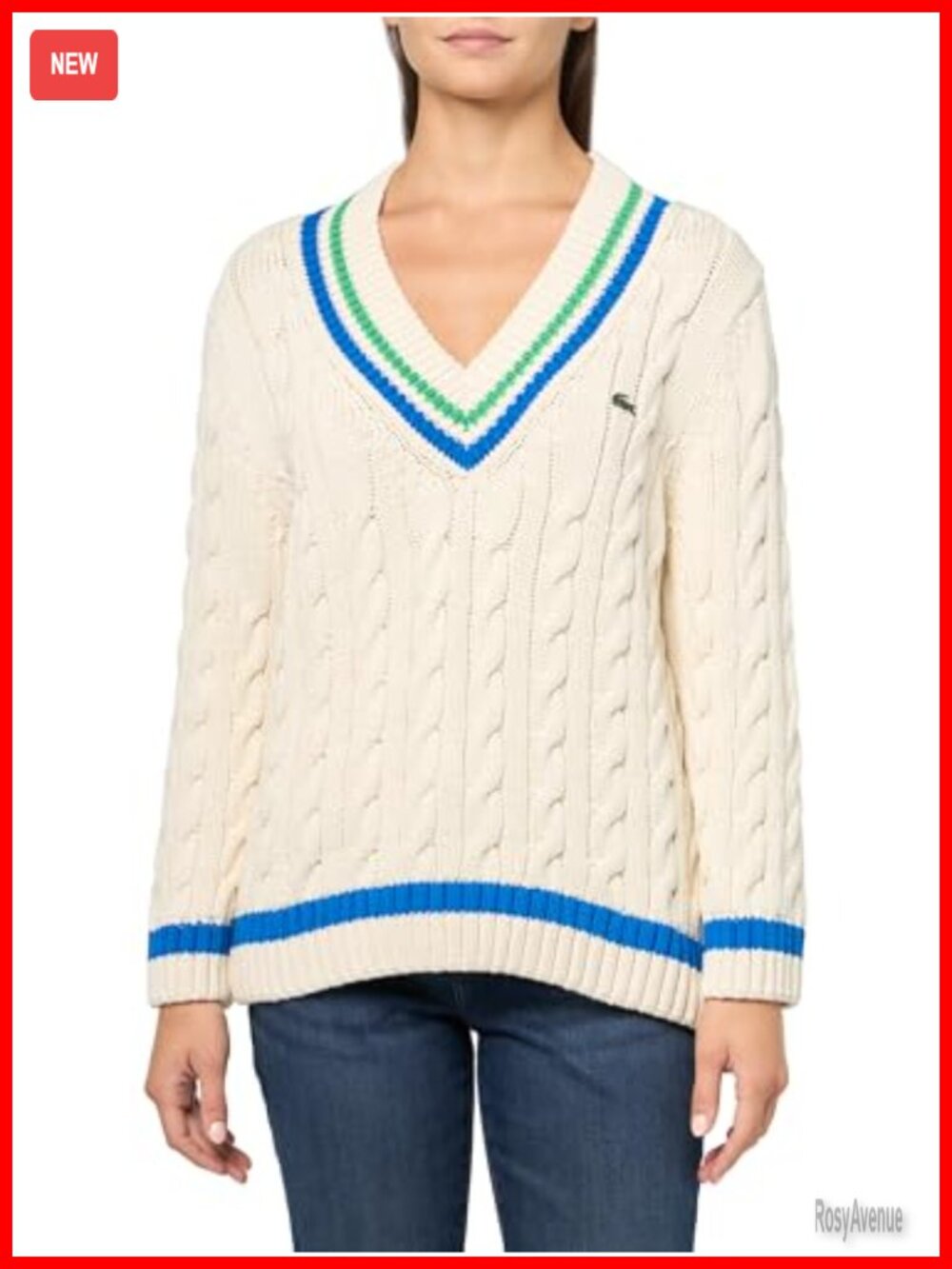 Lacoste Womens V-Neck Pullover Sweater Cable Knit Cotton Polyamide